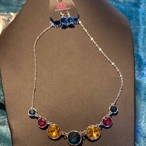 Paparazzi Silver Necklace with Blue, Pink, and Yellow Gems